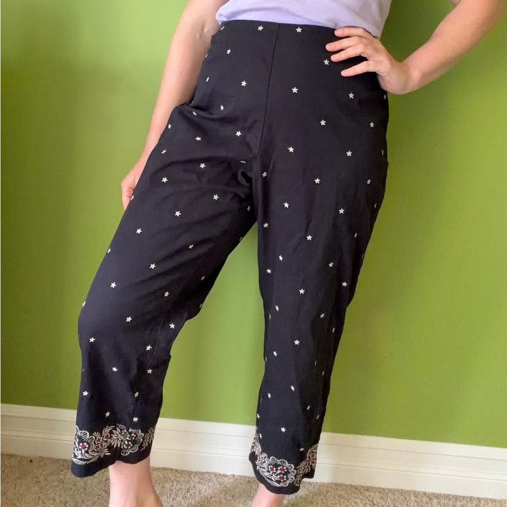 Vintage black celestial and floral embroidered cotton pants